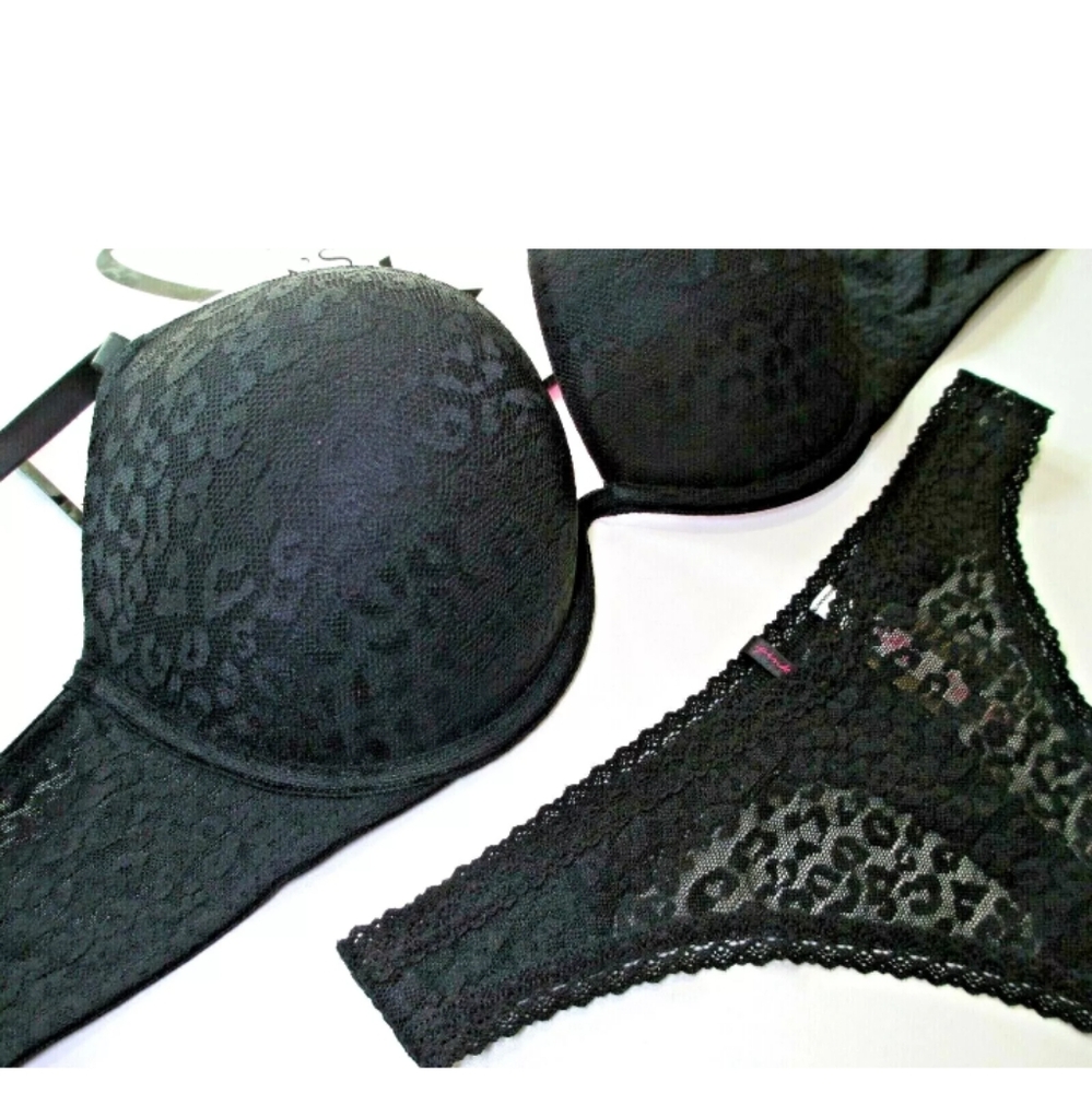 VICTORIA'S SECRET PINK Super Push-Up Bra and Panty Set VS Black Leopard Lace NWT